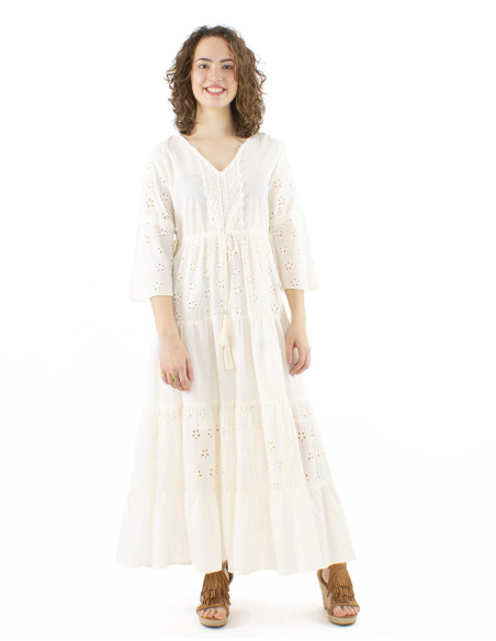 Long cotton embroidered dress with lining and tulip sleeves