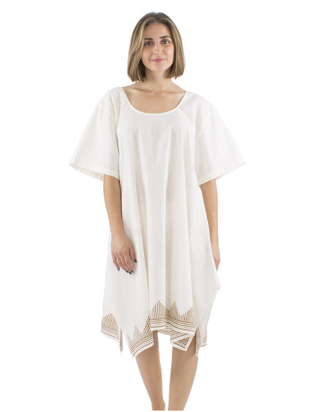 Robe coton slub manches courtes écru bordure tampon