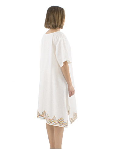 Robe coton slub manches courtes écru bordure tampon