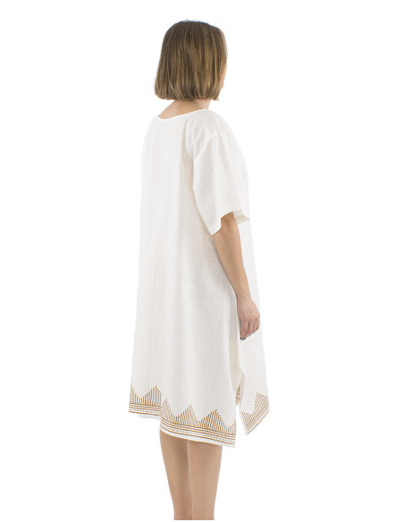 Robe coton slub manches courtes écru bordure tampon