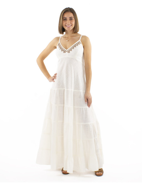 Cotton long slub dress with smocked back