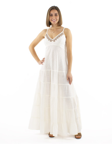 Cotton long slub dress with smocked back