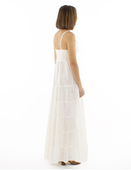 Cotton long slub dress with smocked back