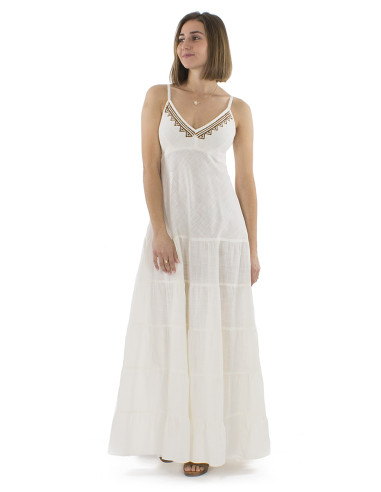 Cotton long slub dress with smocked back