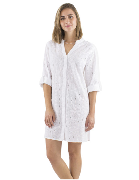 Cotton white tunic dress with embroideries and 3/4 sleeves