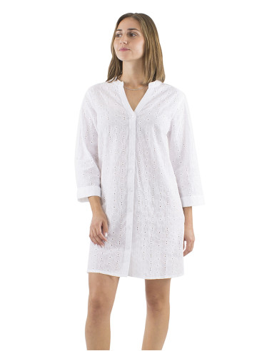 Cotton white tunic dress with embroideries and 3/4 sleeves