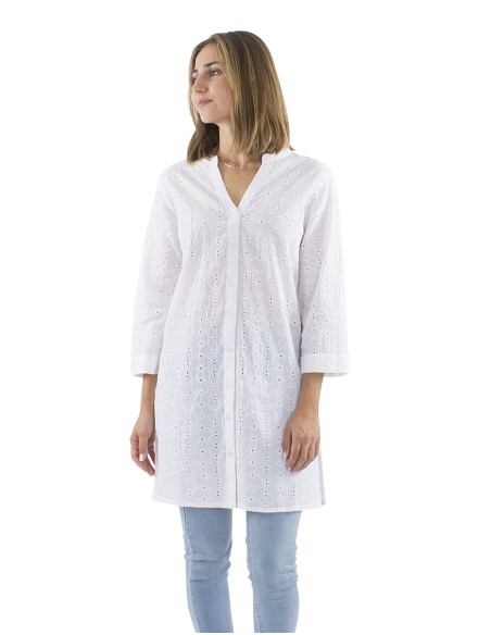 Cotton white tunic dress with embroideries and 3/4 sleeves