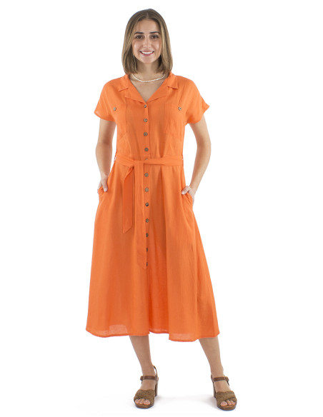 Robe longue 91% viscose 9% lin boutonnée 2 poches poitrine