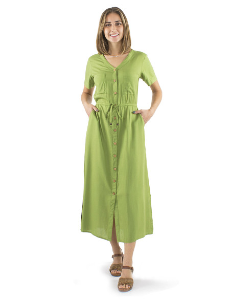 Viscose long plain dress with buttons and short sleeves