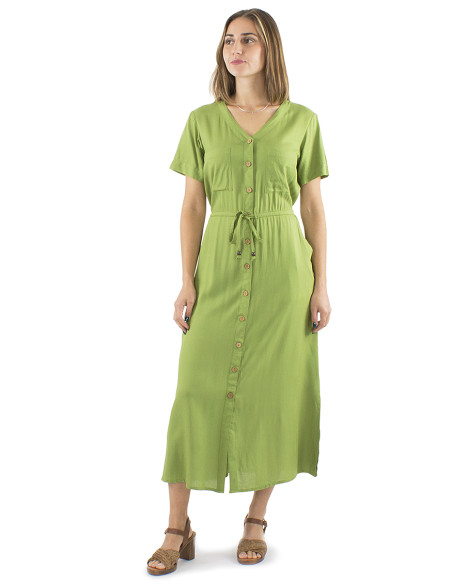 Viscose long plain dress with buttons and short sleeves