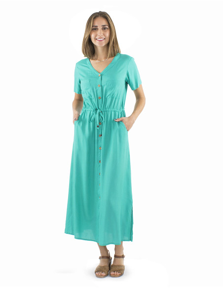 Viscose long plain dress with buttons and short sleeves