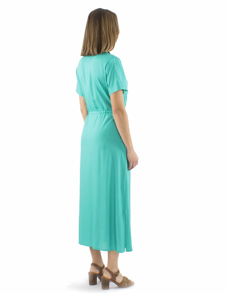 Viscose long plain dress with buttons and short sleeves