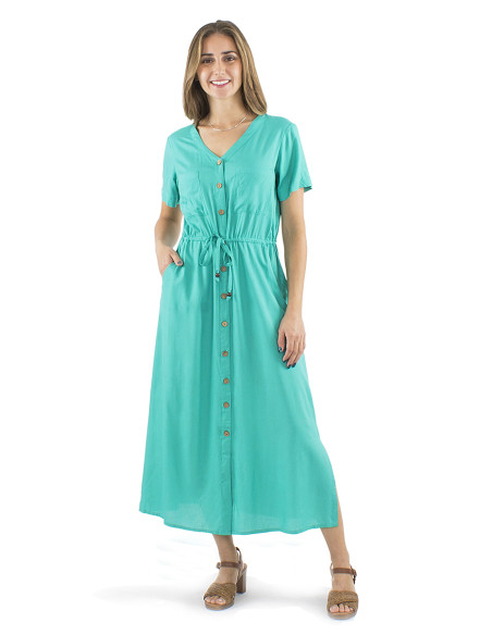Viscose long plain dress with buttons and short sleeves