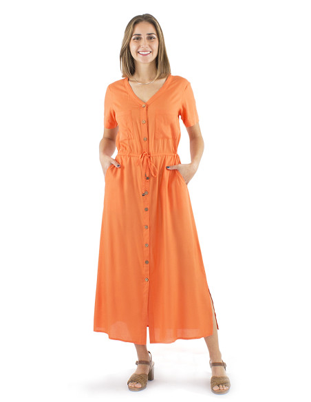Viscose long plain dress with buttons and short sleeves