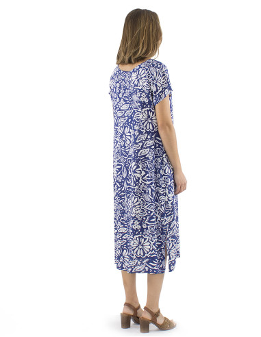 Viscose long dress with short sleeves and Magnolia print