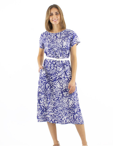 Viscose long dress with short sleeves and Magnolia print