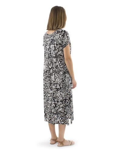 Viscose long dress with short sleeves and Magnolia print