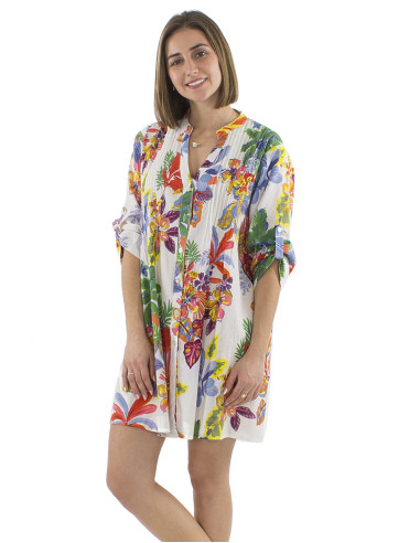 Robe tunique coton manches longues imprimé Hawaian
