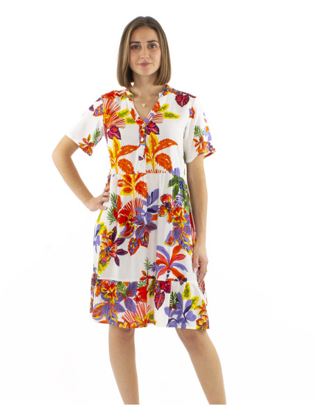 Viscose dress with short sleeves and Hawaiian print
