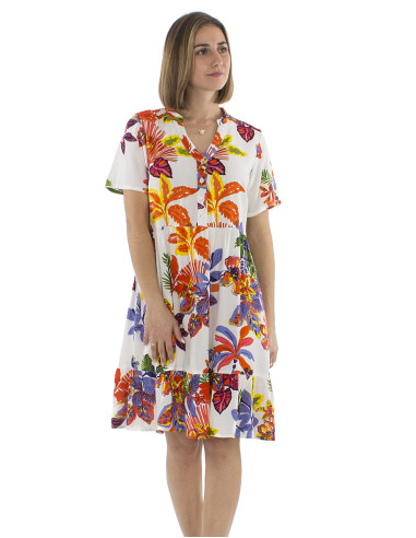 Viscose dress with short sleeves and Hawaiian print
