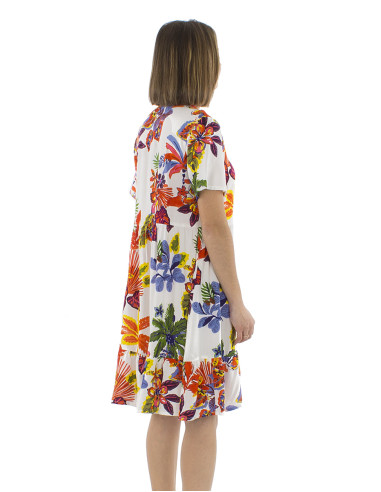 Viscose dress with short sleeves and Hawaiian print