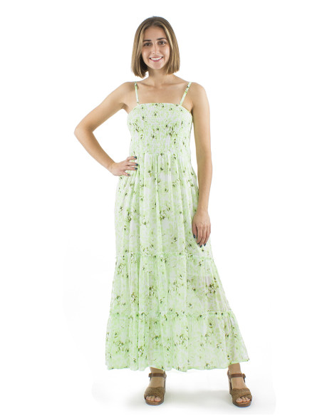 Cotton voile long dress with stripes and Bali print
