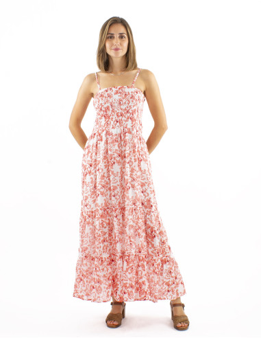Cotton voile long dress with stripes and Bali print