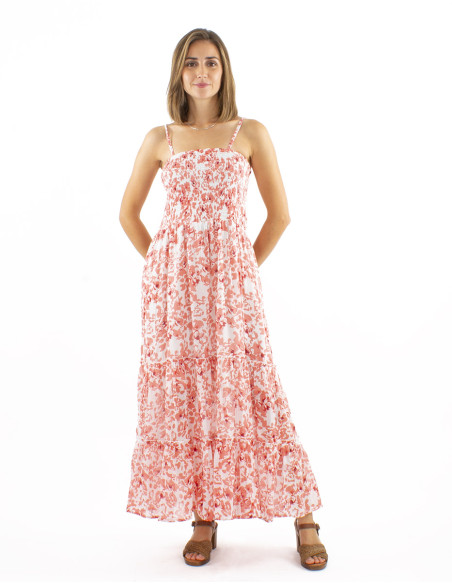 Cotton voile long dress with stripes and Bali print