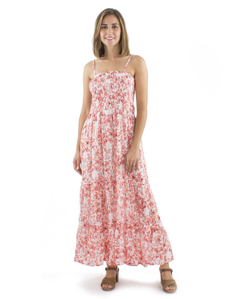 Cotton voile long dress with stripes and Bali print