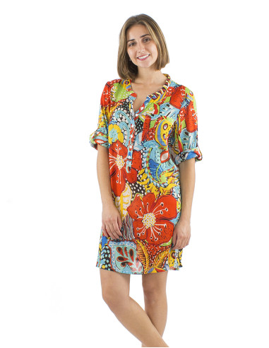 Cotton voile tunic dress with Butterfly print