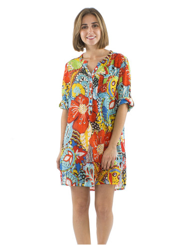 Cotton voile tunic dress with Butterfly print