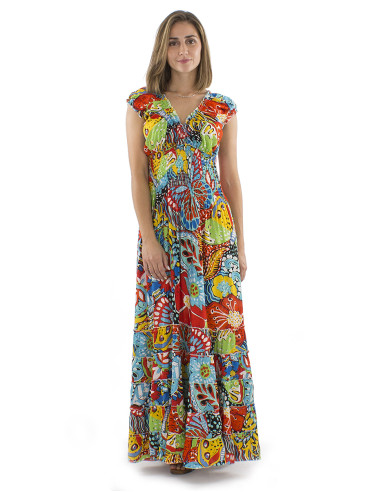 Robe longue viscose élastique ceinture et manches Butterfly