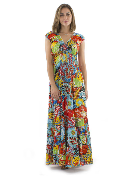 Robe longue viscose élastique ceinture et manches Butterfly