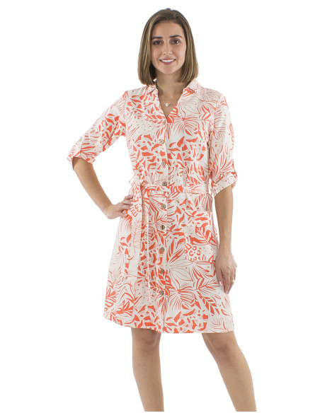 70% viscose 30% linen buttoned dress with short sleeves and Nature print