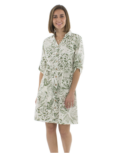 70% viscose 30% linen buttoned dress with short sleeves and Nature print