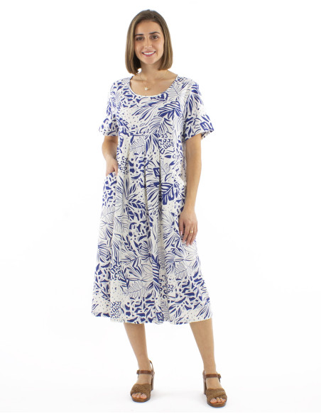 70% viscose 30% linen dress with short sleeves and Nature print