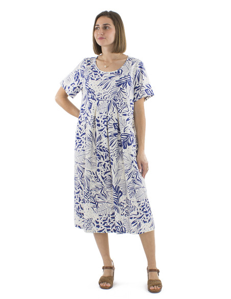 70% viscose 30% linen dress with short sleeves and Nature print