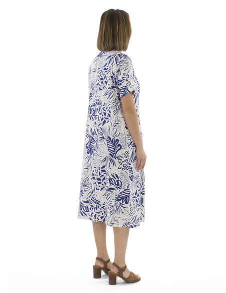 70% viscose 30% linen dress with short sleeves and Nature print
