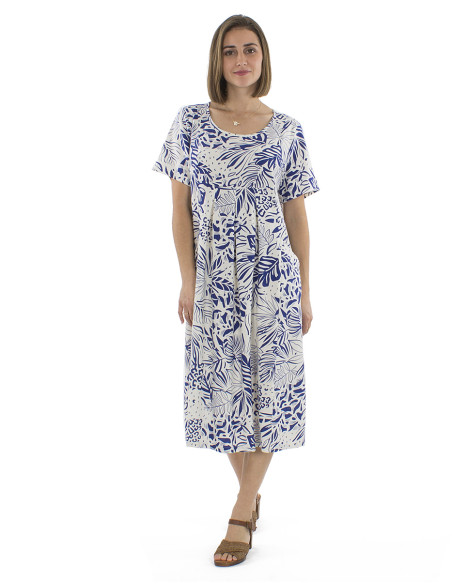 70% viscose 30% linen dress with short sleeves and Nature print