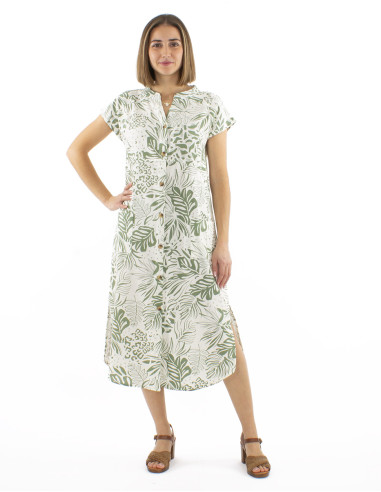 70% viscose 30%linen buttonned dress with 2 pockets and Nature print