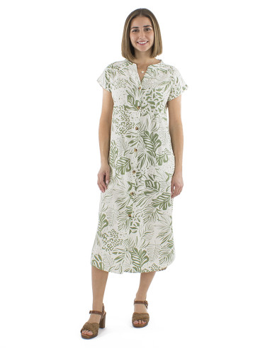 70% viscose 30%linen buttonned dress with 2 pockets and Nature print