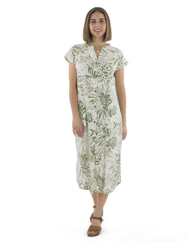 70% viscose 30%linen buttonned dress with 2 pockets and Nature print