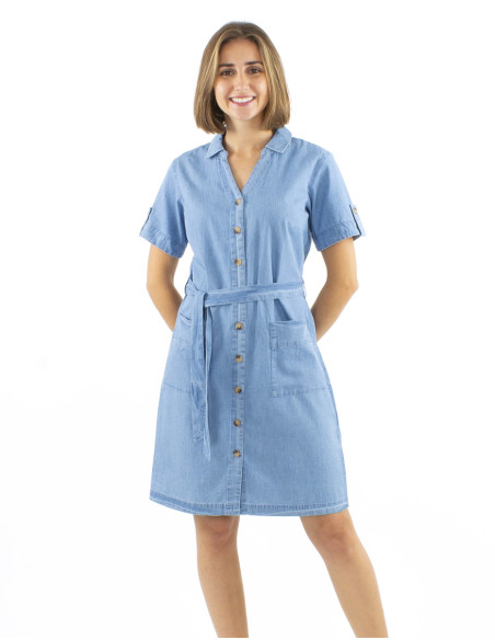 Cotton denim collar dress with buttons and short sleeves