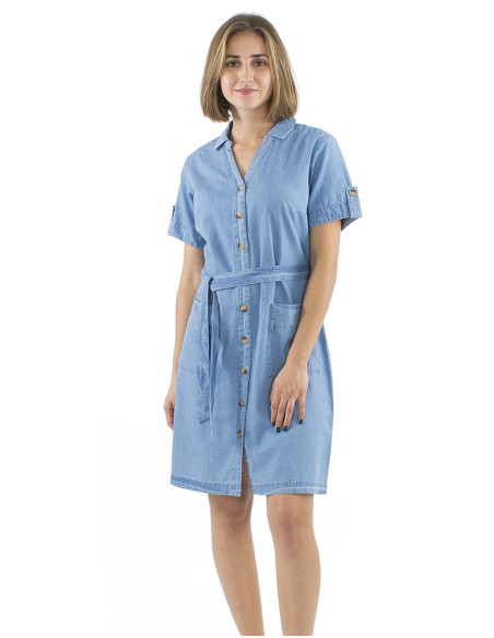Cotton denim collar dress with buttons and short sleeves