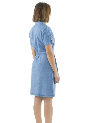 Cotton denim collar dress with buttons and short sleeves