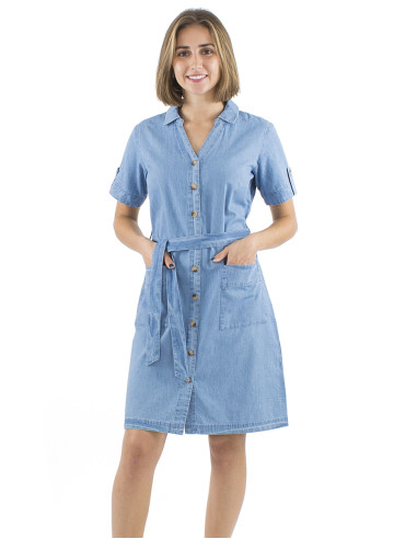 Cotton denim collar dress with buttons and short sleeves