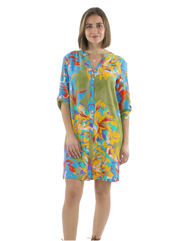Robe tunique viscose boutonnée manches 3/4 imprimé Camélia