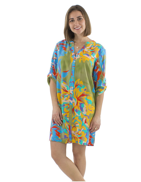 Viscose buttonned tunic dress with 3/4 sleeves and Camelia print