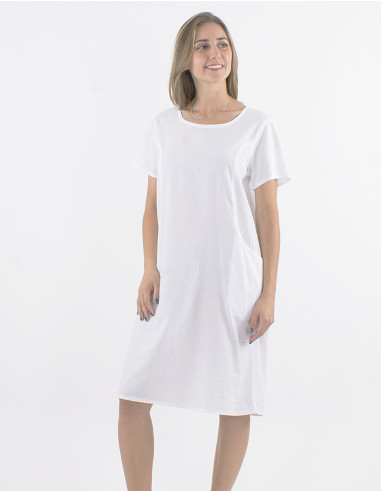 Cotton plain sw dress with short sleeves and pockets
