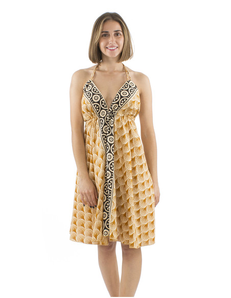 Robe mini coton block éventail dos nu